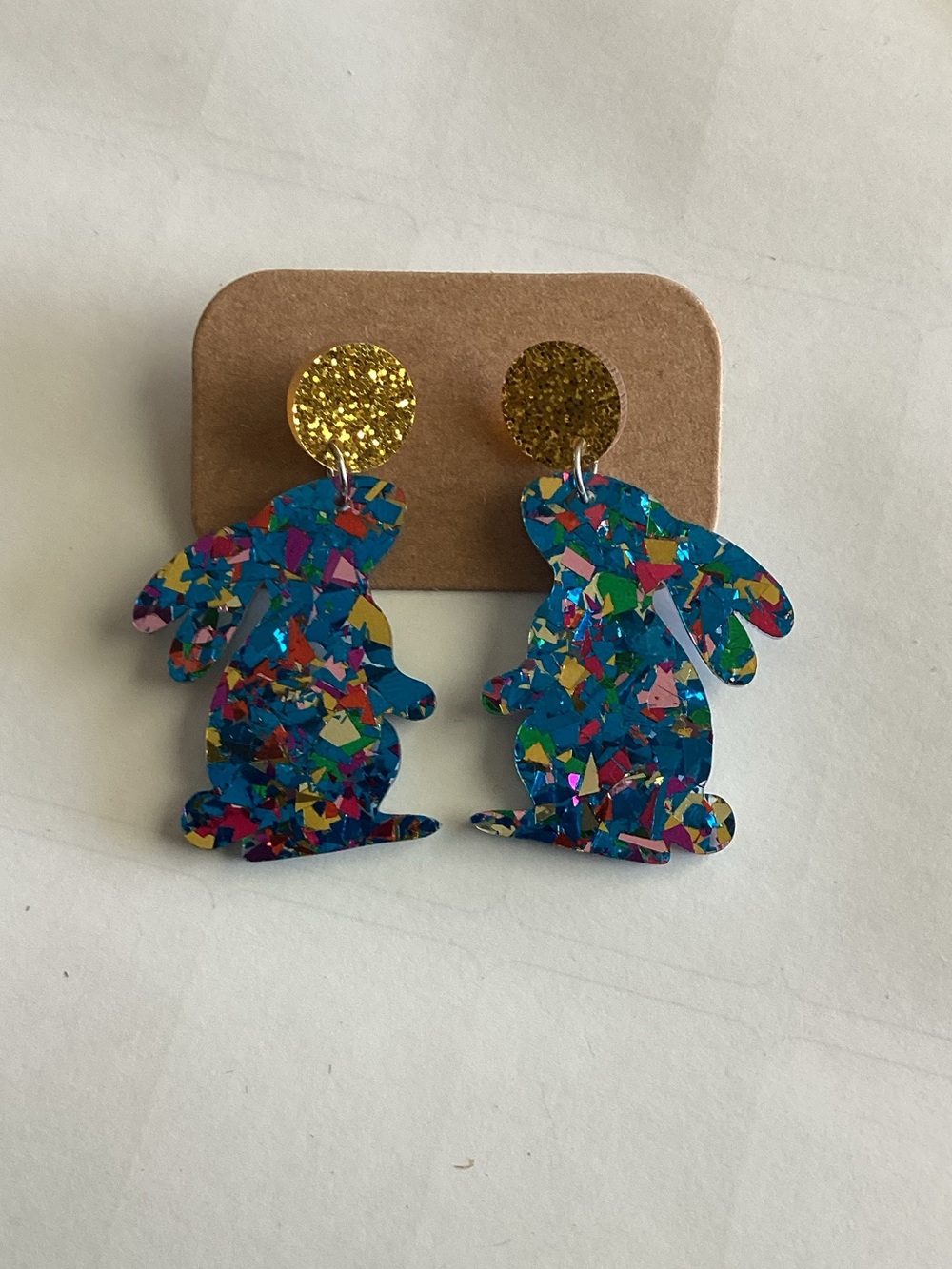 Blue Confetti Bunny Dangle Earrings with Gold Studs